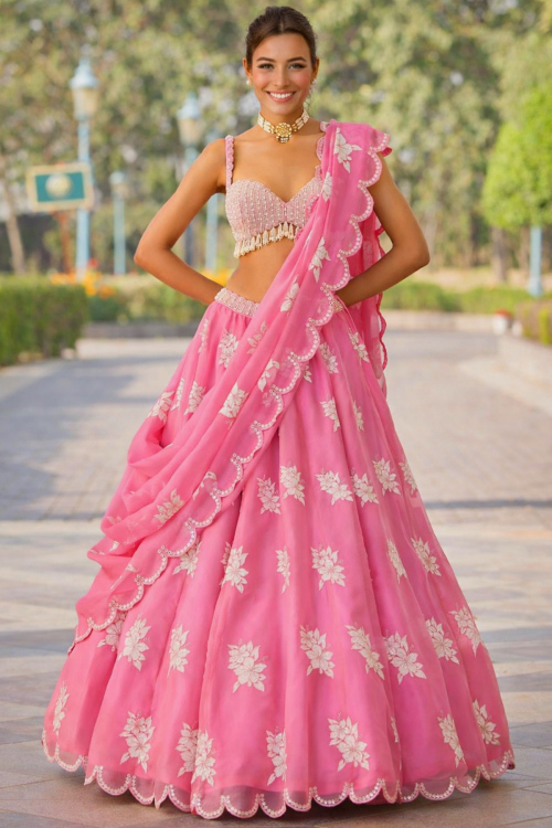 Carnation Pink Patch Embroidered Organza Party Wear Wedding Lehenga
