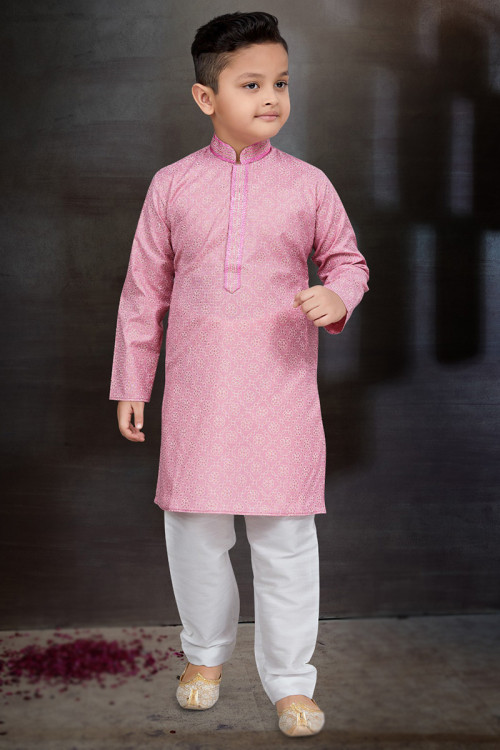 Carnation Pink Printed Cotton Boy's Kurta Pajama 