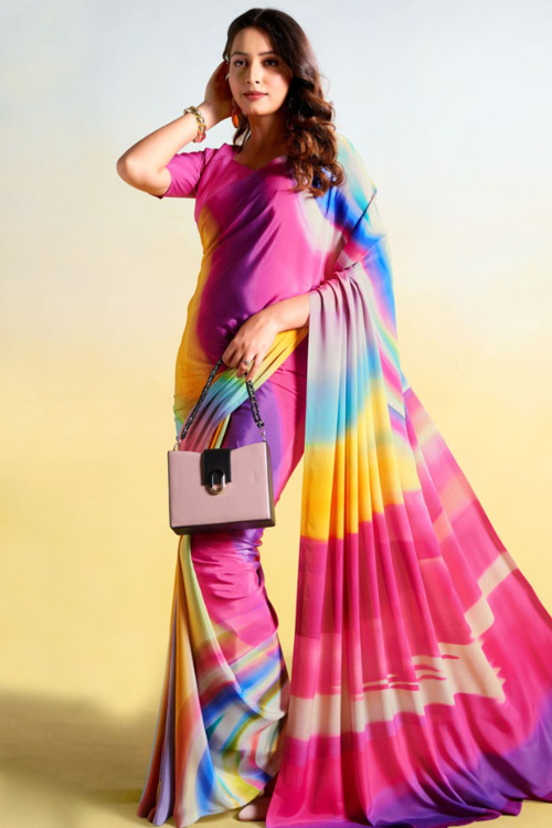 Carnation Pink Printed Crepe Saree For Casual Wear