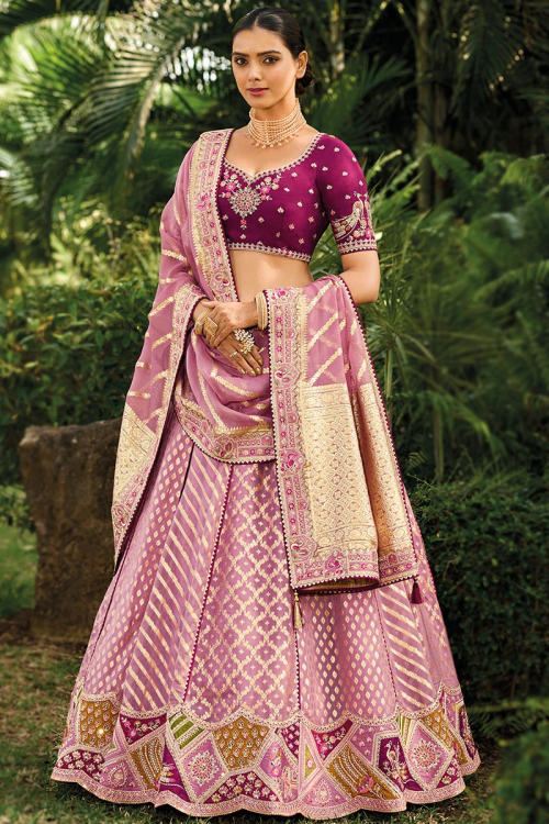 Carnation Pink Silk Stone Embroidered Panelled Style Lehenga