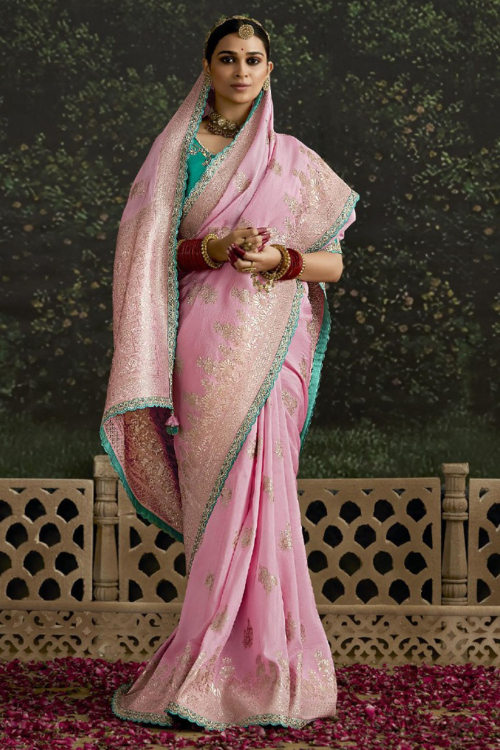 Carnation Pink Silk Weaved Traditional Wear Saree