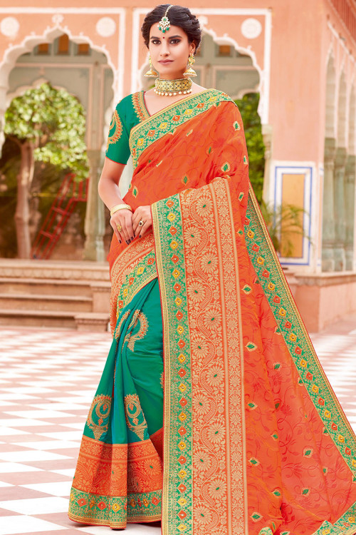 Carrot Orange And Teal Green Silk Embroidered Saree