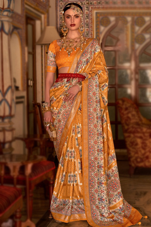 Carrot Orange Art Silk Bandhej Print Traditional Saree 