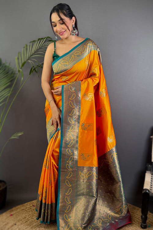 Carrot Orange Art Silk Broad Border Saree With Weaved Work