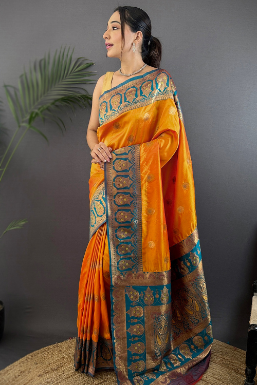 Carrot Orange Art Silk Broad Border Saree With Weaved Work