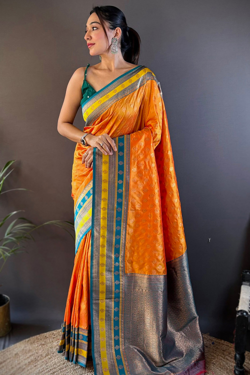 Carrot Orange Art Silk Broad Border Saree With Weaved Work