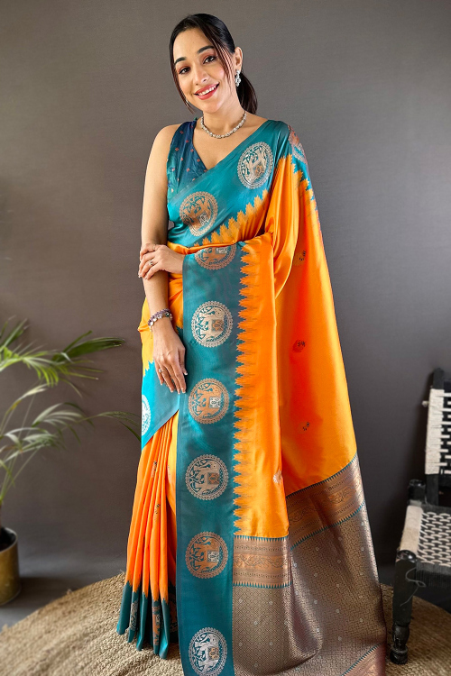 Carrot Orange Art Silk Broad Border Saree With Weaved Work
