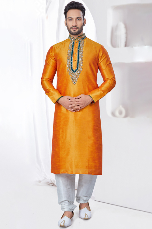 Carrot Orange Art Silk Embroidered Straight Cut Men's Kurta Churidar