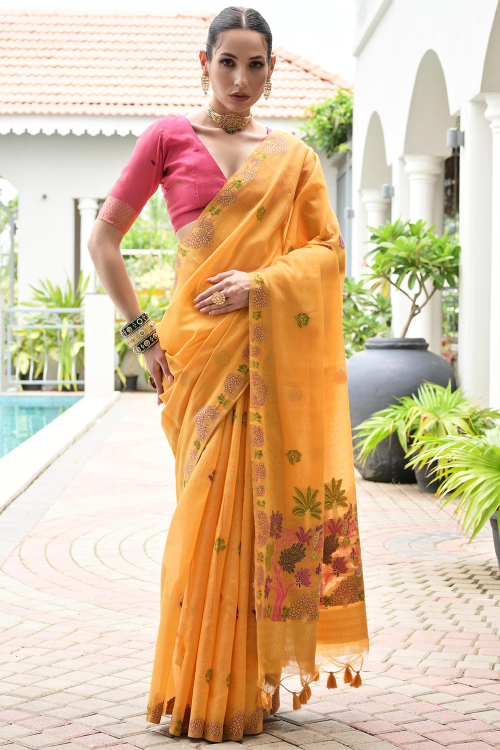 Carrot Orange Chanderi Cotton Saree With Weaved Work for Festival 
