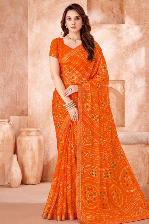 Carrot Orange Chiffon Bandhej Print Casual Wear Saree