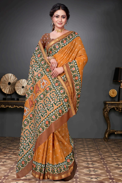 Carrot Orange Cotton Broad Border Saree With Printed Work