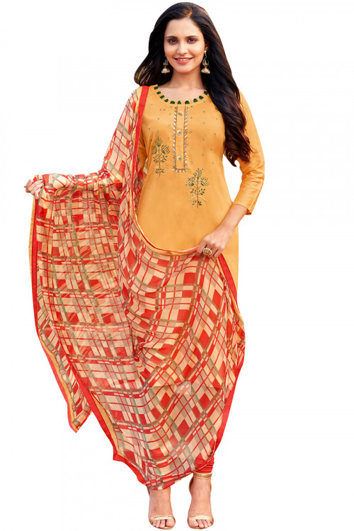 Carrot Orange Cotton Embroidered Casual Wear Churidar Suit 