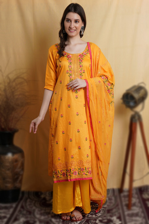 Carrot Orange Cotton Embroidered Straight Cut Palazzo Suit 