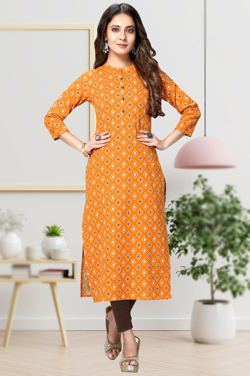 Buy Orange Casual Wear Chinese Collar Neck Indian Kurti Tunic Online for Women in UK