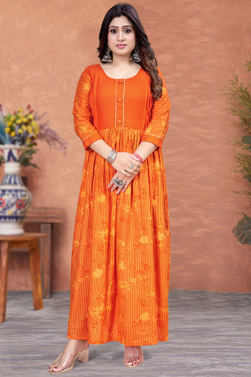 Carrot Orange Cotton Printed Ready Made Ankle Length Kurti
