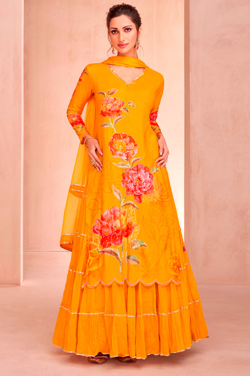 Carrot Orange Cotton Printed Ready Made Lehenga With Long Choli