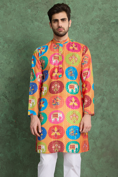 Carrot Orange Cotton Rayon Men's Kurta With Zari Work For Festival