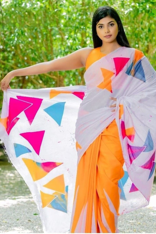 Carrot Orange Cotton Saree With Printed Work For Casual Wear