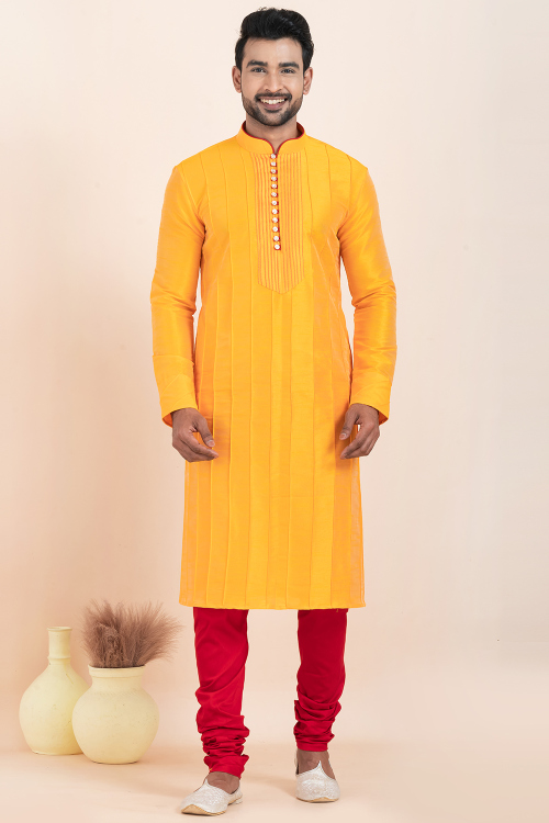 Carrot Orange Dupion Silk Embroidered Men's Kurta Churidar