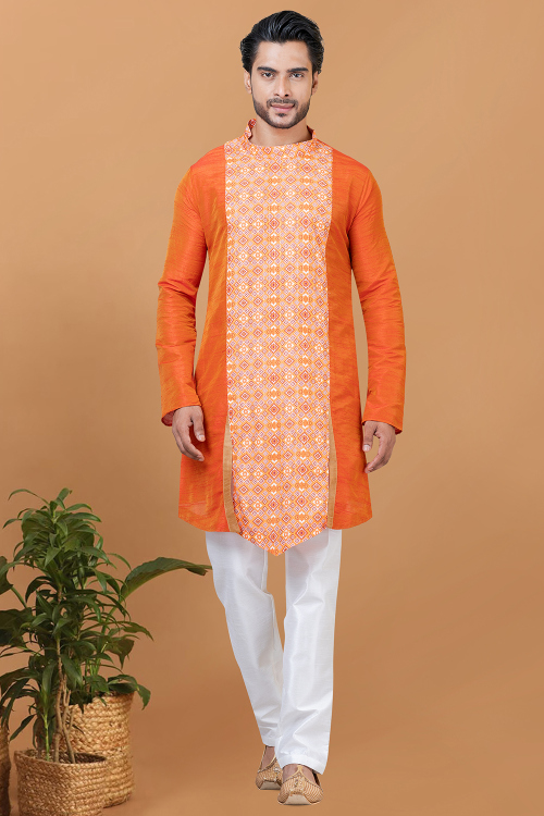 Carrot Orange Dupion Silk Printed Men's Kurta Pajama