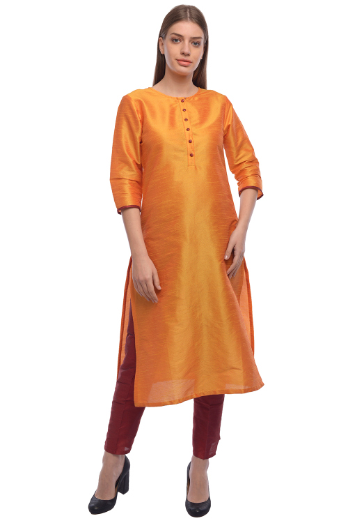 Carrot Orange Dupion Silk Ready Made Suit With Cigarette Pant for Casual Wear