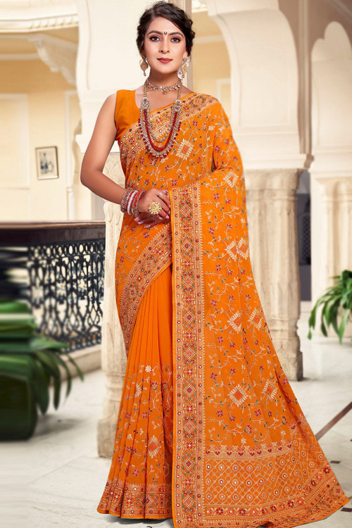 Carrot Orange Embroidered Georgette Saree For Sangeet 