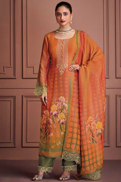 Carrot Orange Embroidered Shimmer Silk Straight Cut Trouser Suit
