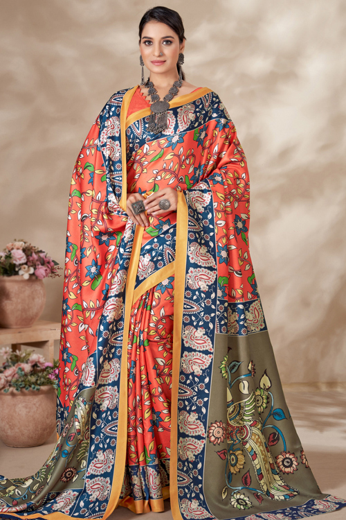 Multicolor Kalamkari Printed Pashmina Saree with Peacock Pallu