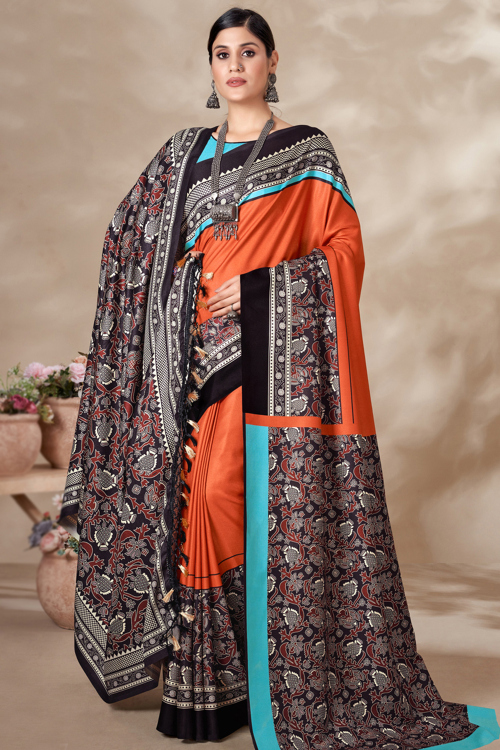 Orange and Black Kalamkari Print Pashmina Saree