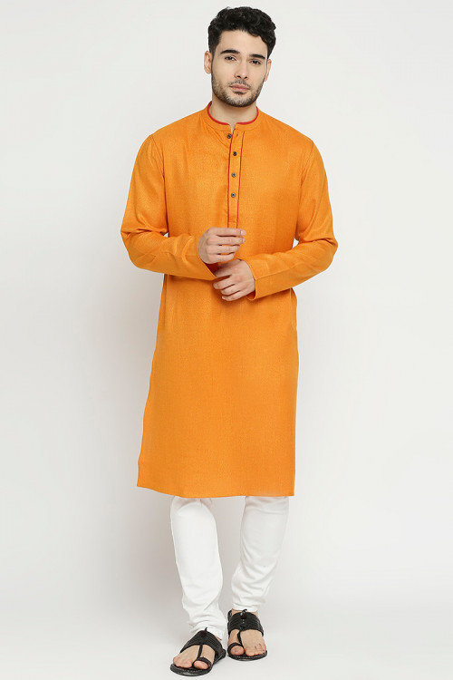 Carrot Orange Poly Cotton Casual Wear Straight Cut Men's Kurta Pajama 