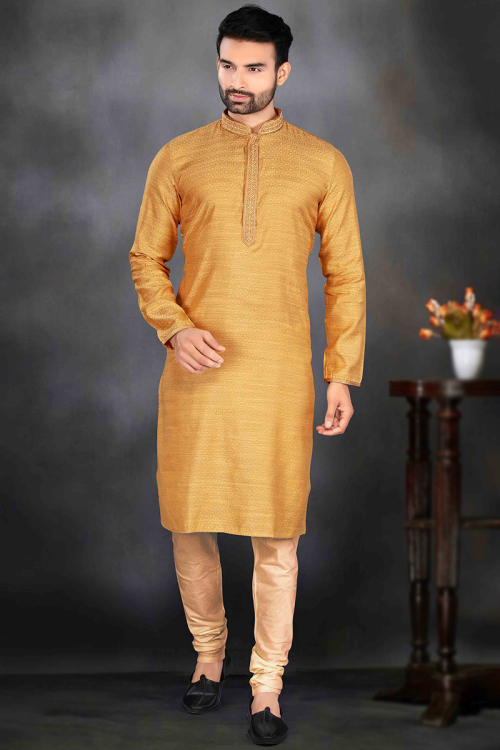 Carrot Orange Poly Jacquard Weaved Thread Men's Kurta With Churidar