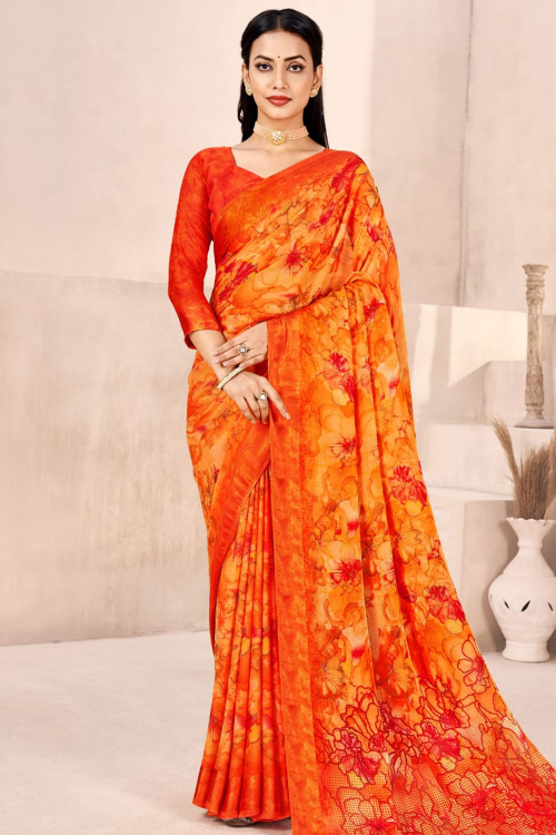 Carrot Orange Printed Chiffon Saree For Casual Wear