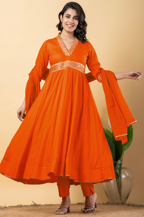 Carrot Orange Rayon Anarkali Suit With Gota Patti Work 