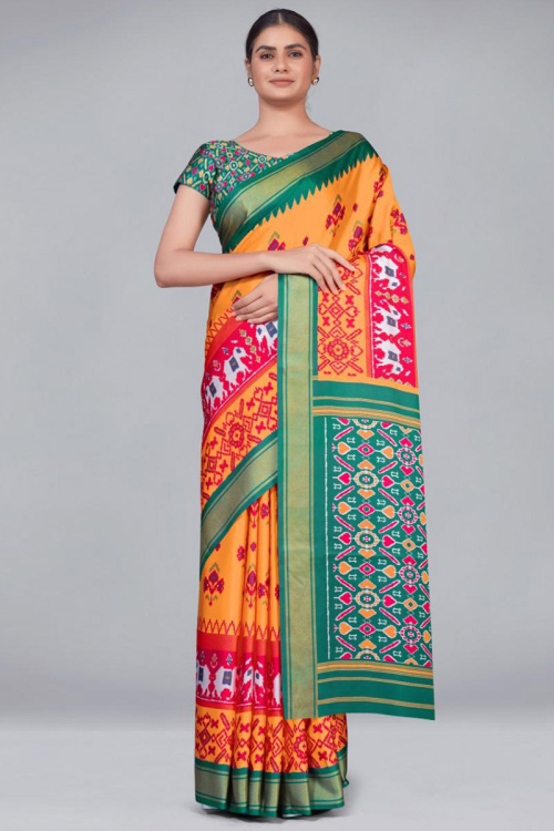 Carrot Orange Satin Printed Saree