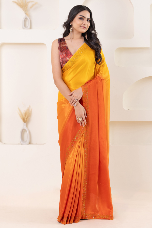 Carrot Orange Satin Printed Shimmer Saree