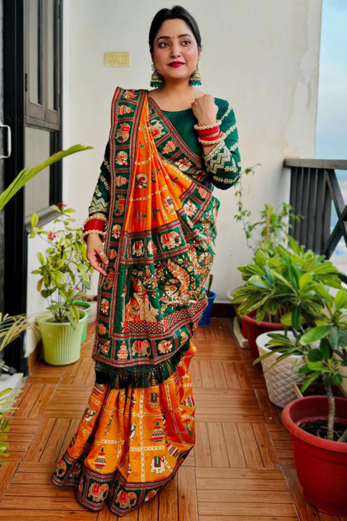 Carrot Orange Silk Blend Embroidered Light Weight Saree