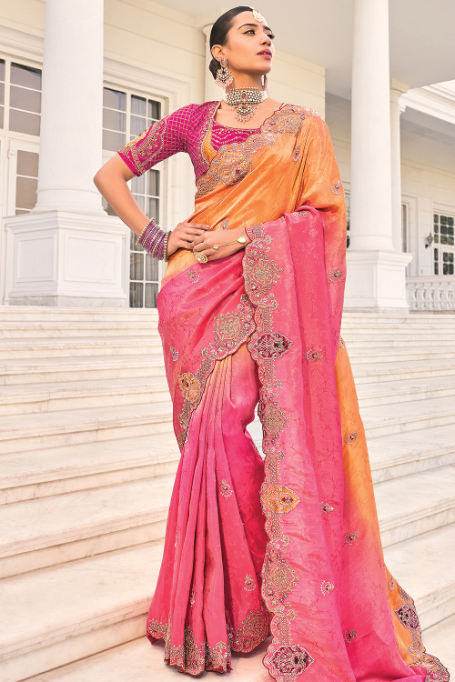 Carrot Orange Silk Blend Embroidered Saree For Wedding 