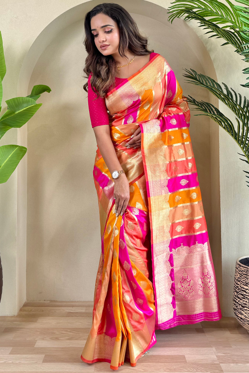 Carrot Orange Silk Blend Saree With Zari Work For Diwali