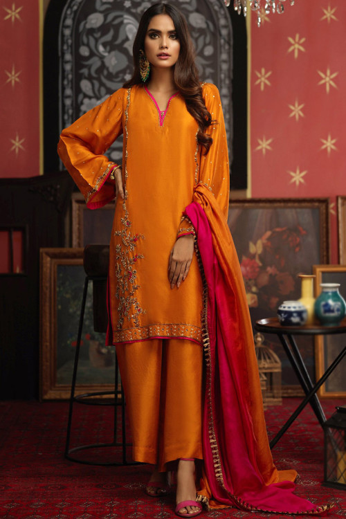 Carrot Orange Silk Embroidered Trouser Suit