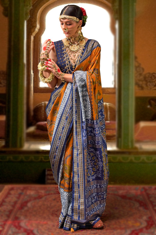 Carrot Orange Silk Saree for Haldi with Zari embroidery