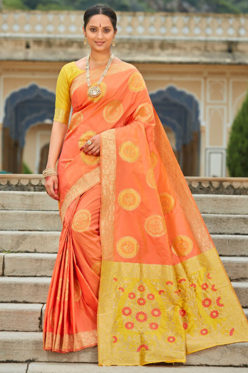 Carrot Orange Traditional Party Wear Saree in Silk