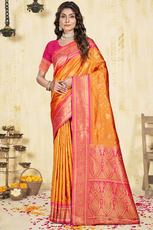 Carrot Orange Silk Saree with Woven Zari and Wide Border