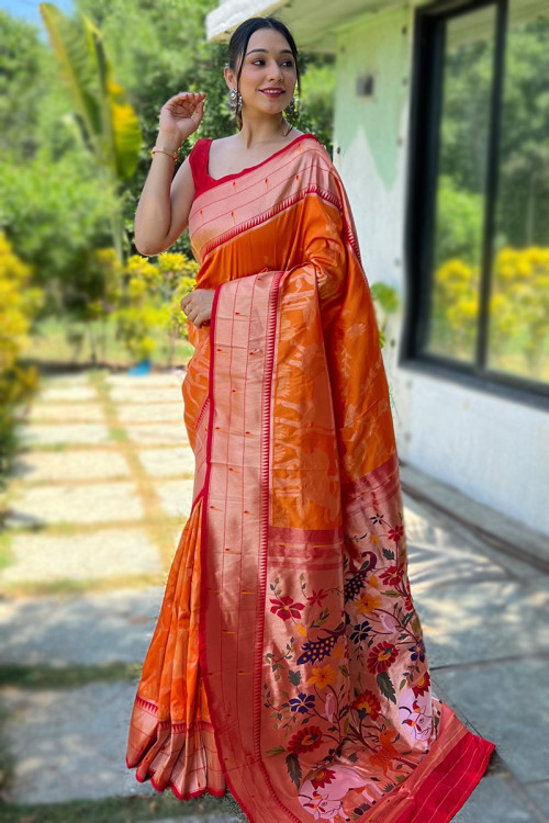 Carrot Orange Silk Woven Zari Paithani Saree 