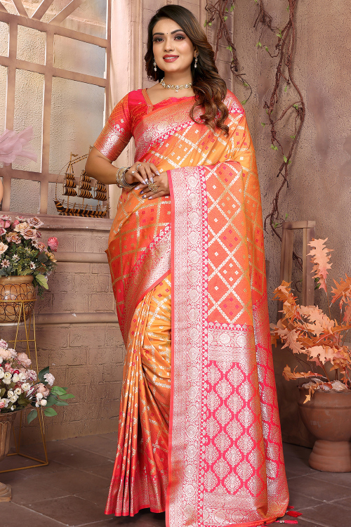 Carrot Orange Soft Silk Saree With Weaved Work For Festival