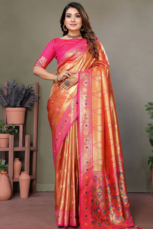 Carrot Orange Soft Silk Saree With Weaved Work For Festival 