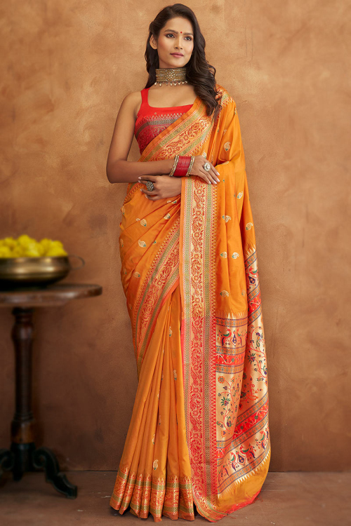Carrot Orange Soft Silk Woven Zari Saree