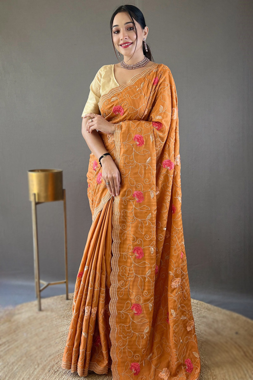 Carrot Orange Tussar Silk Embroidered Lightweight Saree 