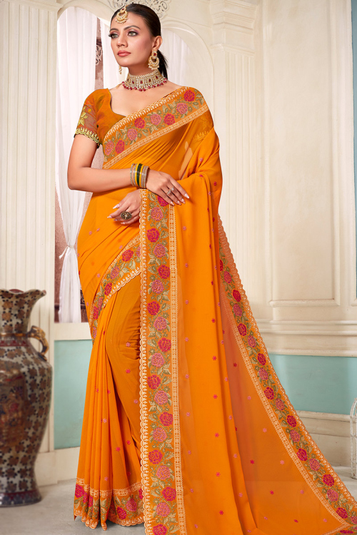 Carrot Orange Zari Embroidered Georgette Light Weight 