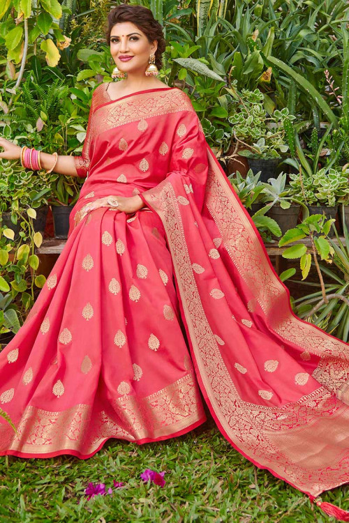 Buy Carrot Pink Banarasi Silk Saree With Silk Blouse Online - SARV04009 ...