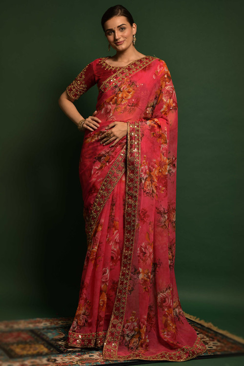 Carrot Pink Chiffon Saree for Wedding Wear with Lace embroidery